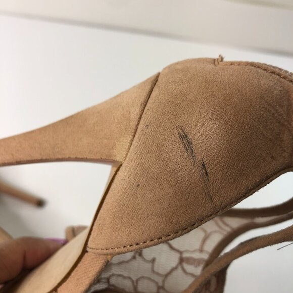ALDO Beige Suede Embroidered Mesh Open Toe Strappy Back Zip High Heels Women’s 8 - Picture 7 of 9